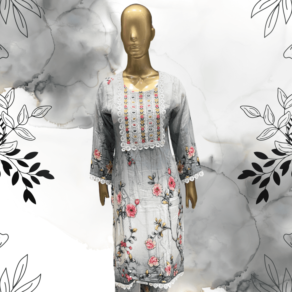 Muslin Printed Suit with Mirror, Jari & Lace Work - Image 2