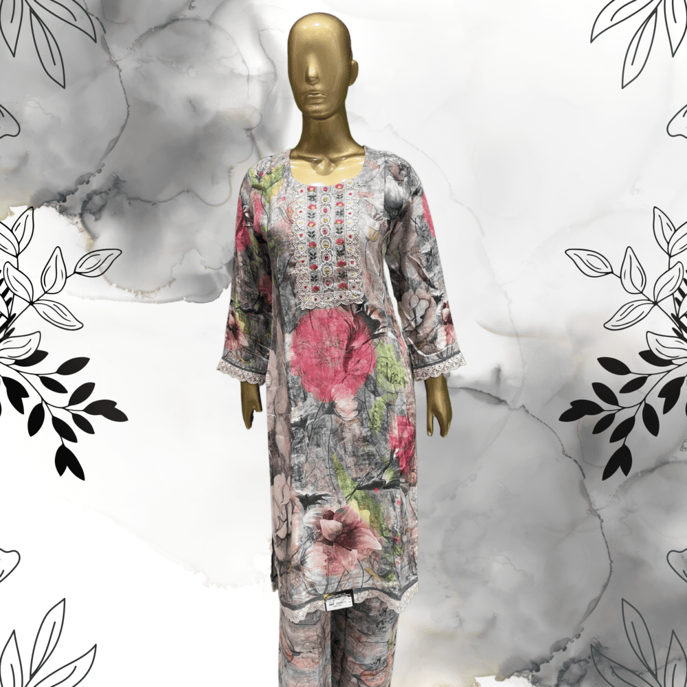 Muslin Printed Suit with Mirror, Jari & Lace Work - Image 2