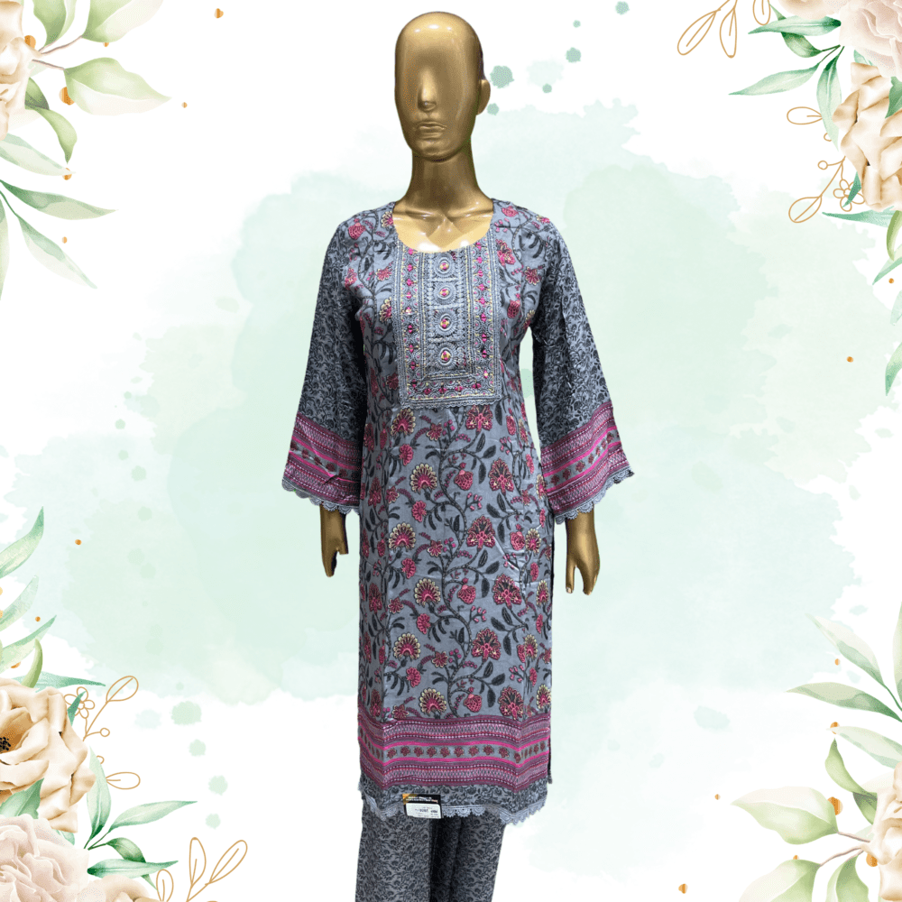 Muslin Printed Suit with Mirror, Jari & Lace Work - Image 2