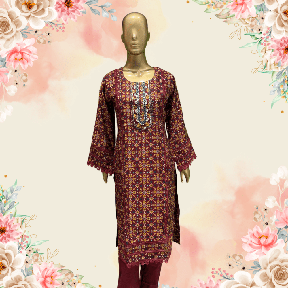 Muslin Printed Suit with Mirror, Jari & Lace Work - Image 2