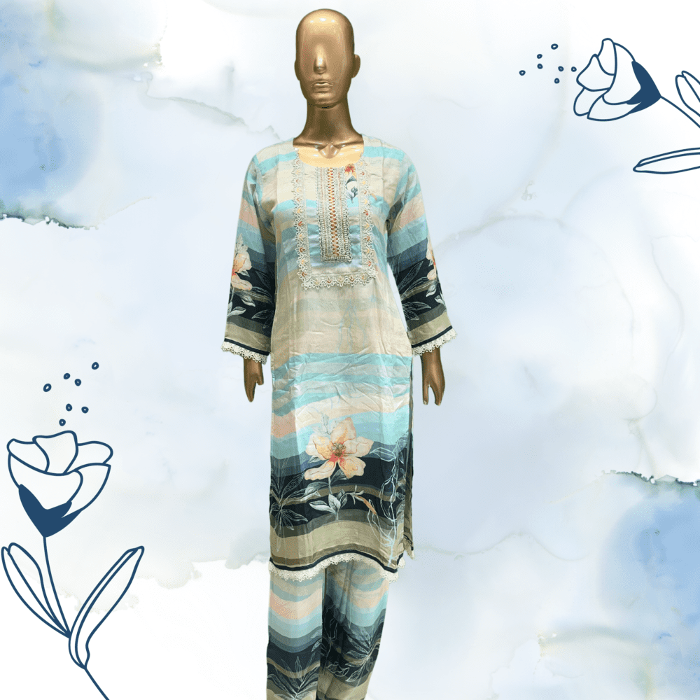 Muslin Printed Suit with Mirror, Jari & Lace Work - Image 2