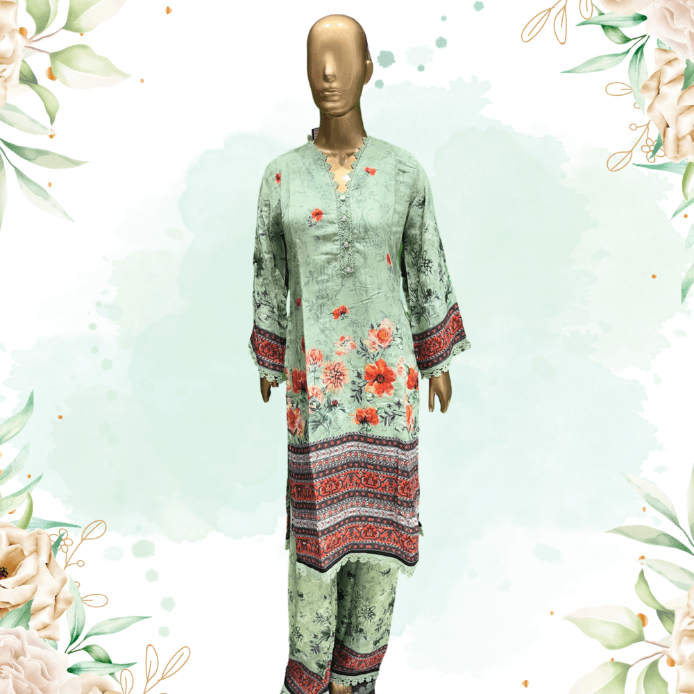 Muslin Printed Suit with Lace - Image 2