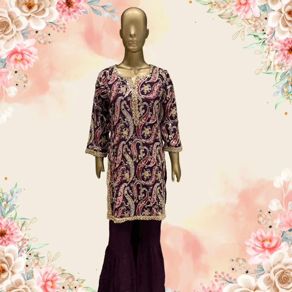 Party Wear Suit with Zari Work & Wrinkle Chiffon Gharara - Image 2
