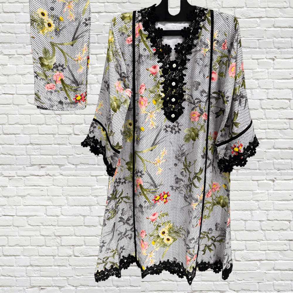 Printed Pakistani Muslin Suit with Lace Work - Image 2