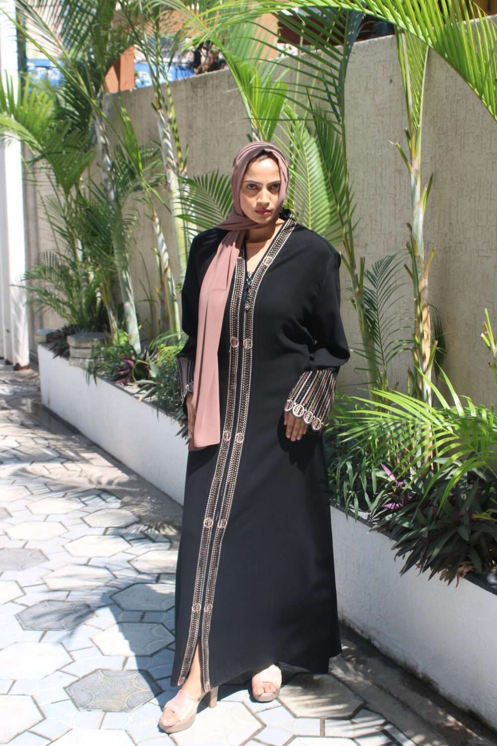 Black Abaya with Embroidery & Stone Work