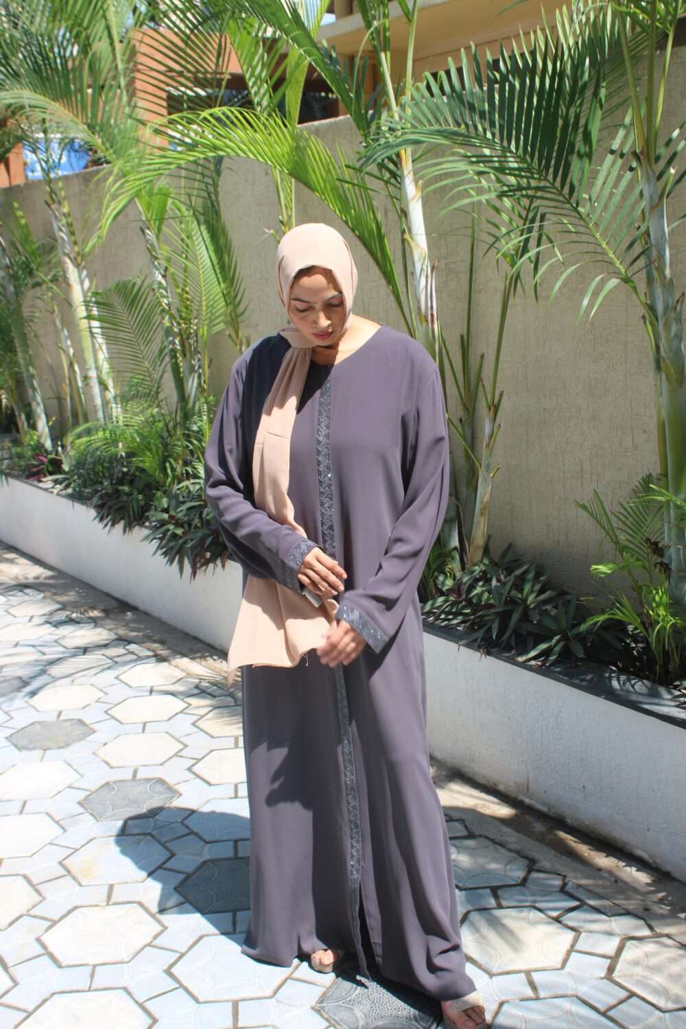 Grey Turkish Abaya with Stone Work - Image 8