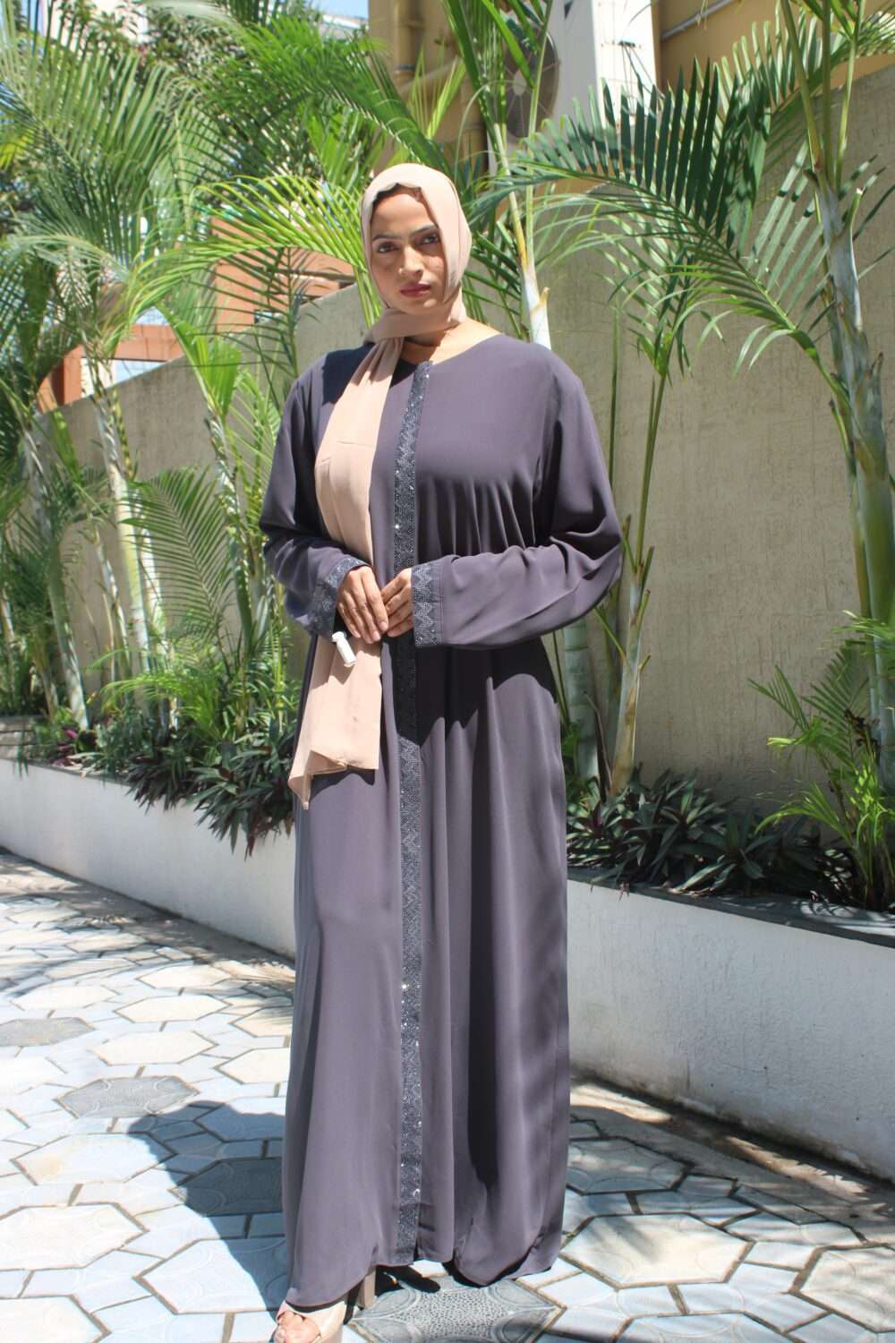 Grey Turkish Abaya with Stone Work - Image 5