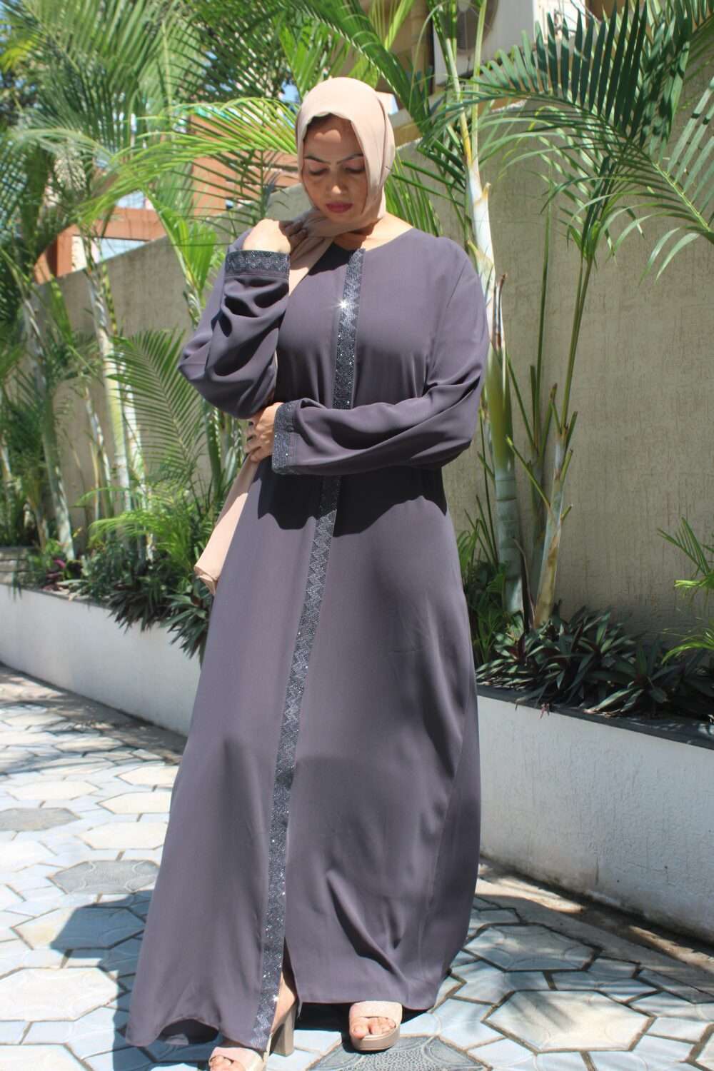 Grey Turkish Abaya with Stone Work - Image 4