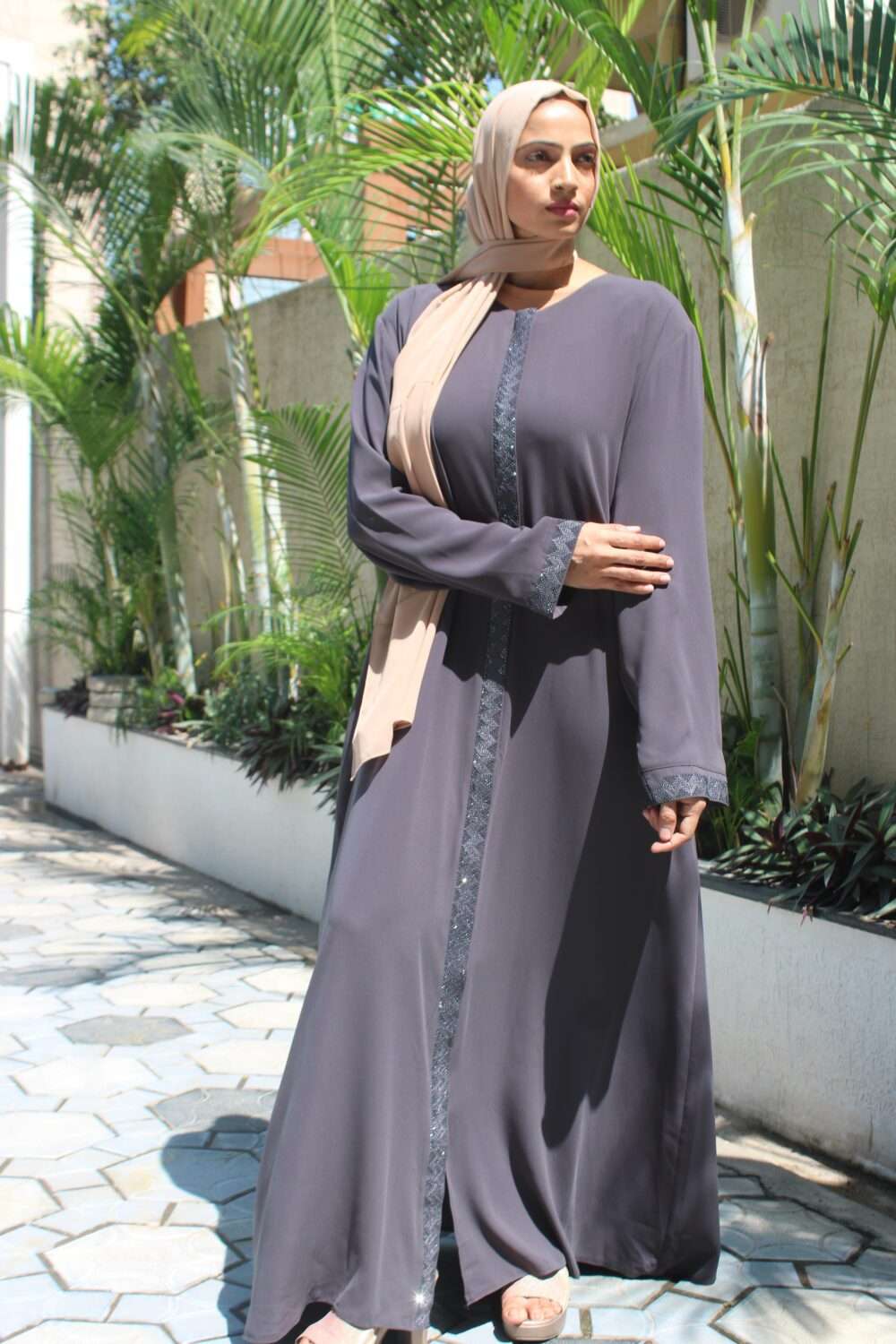 Grey Turkish Abaya with Stone Work - Image 3