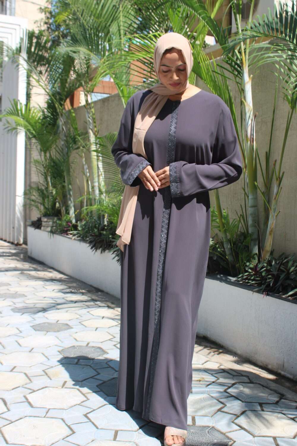 Grey Turkish Abaya with Stone Work - Image 2