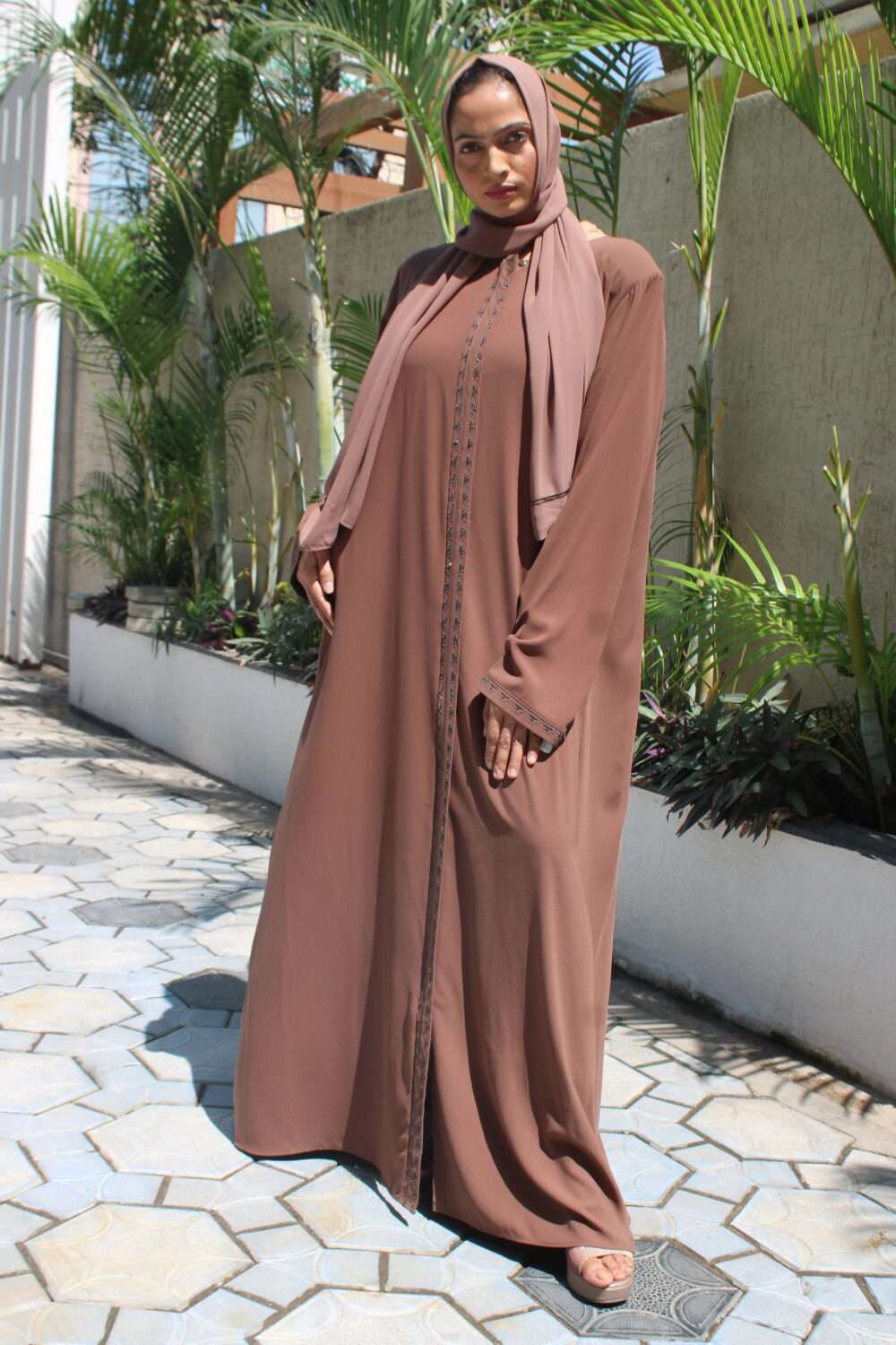 Brown Abaya with Stone Work & Embroidery