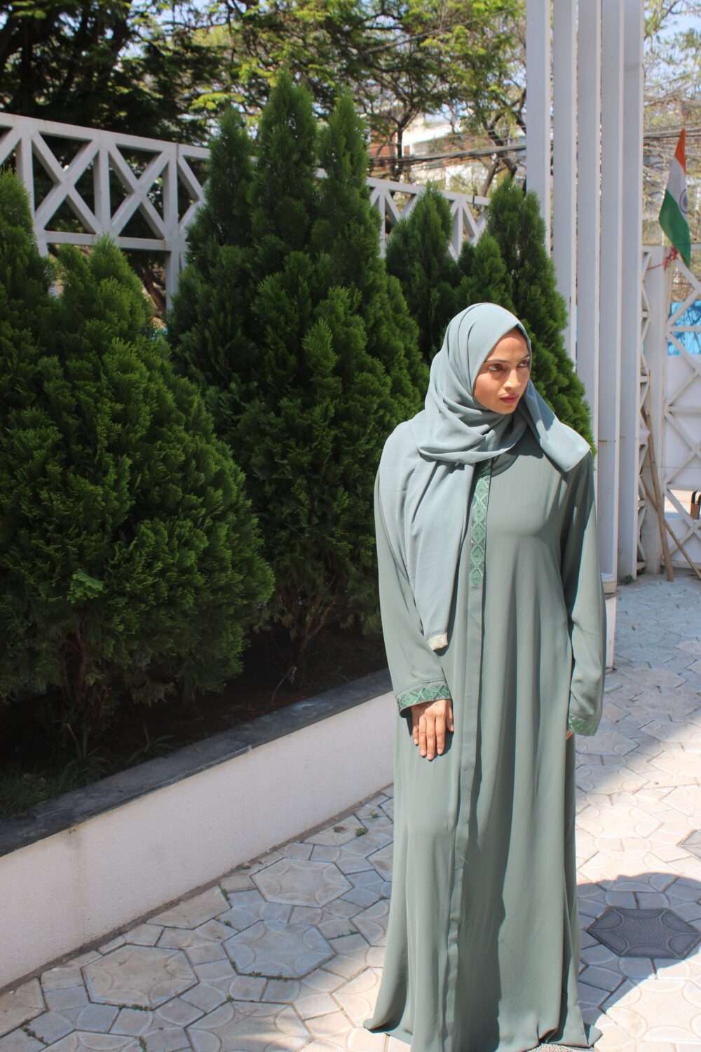 Green Turkish Abaya with Stone Work & Embroidery - Image 8