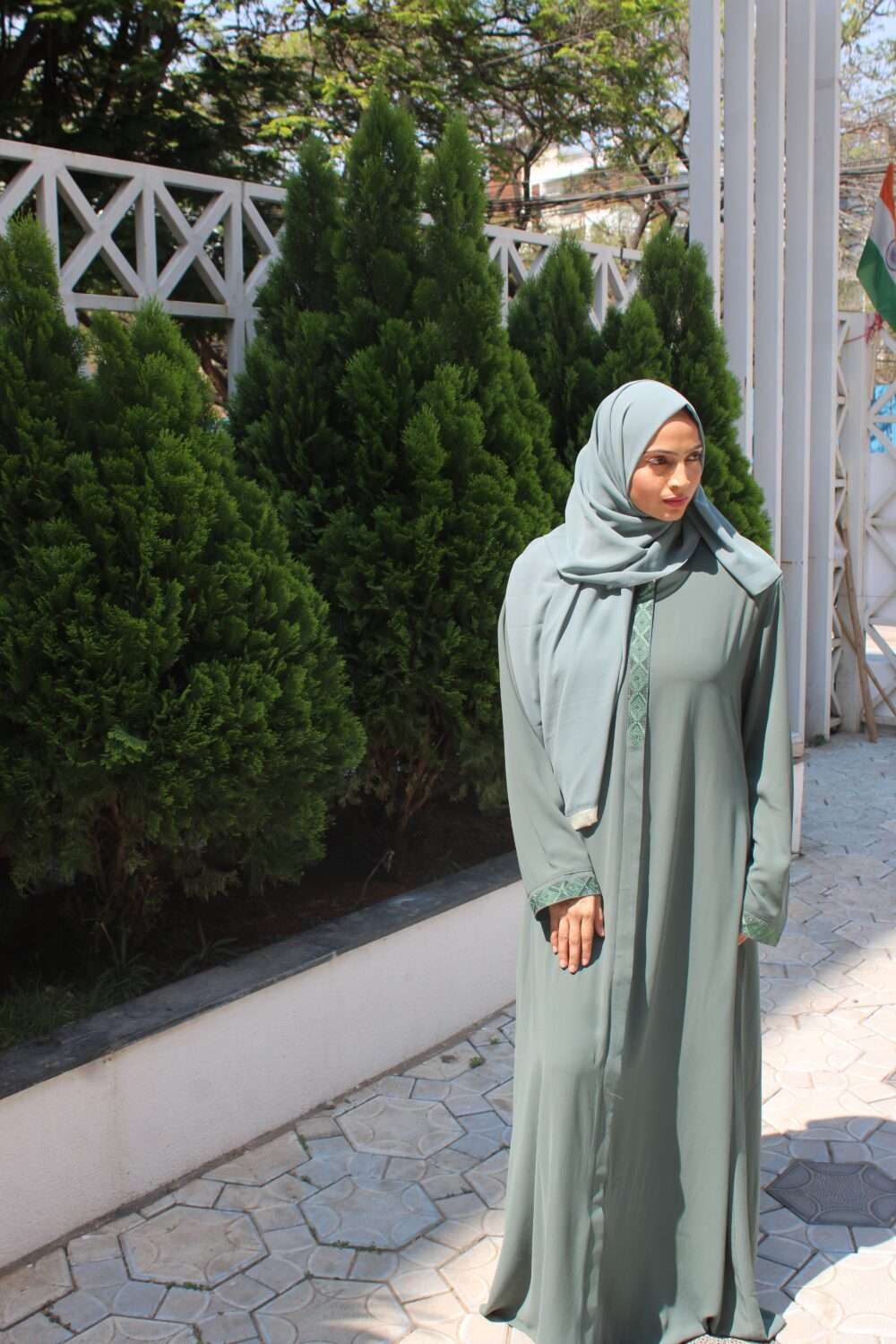 Green Turkish Abaya with Stone Work & Embroidery - Image 6