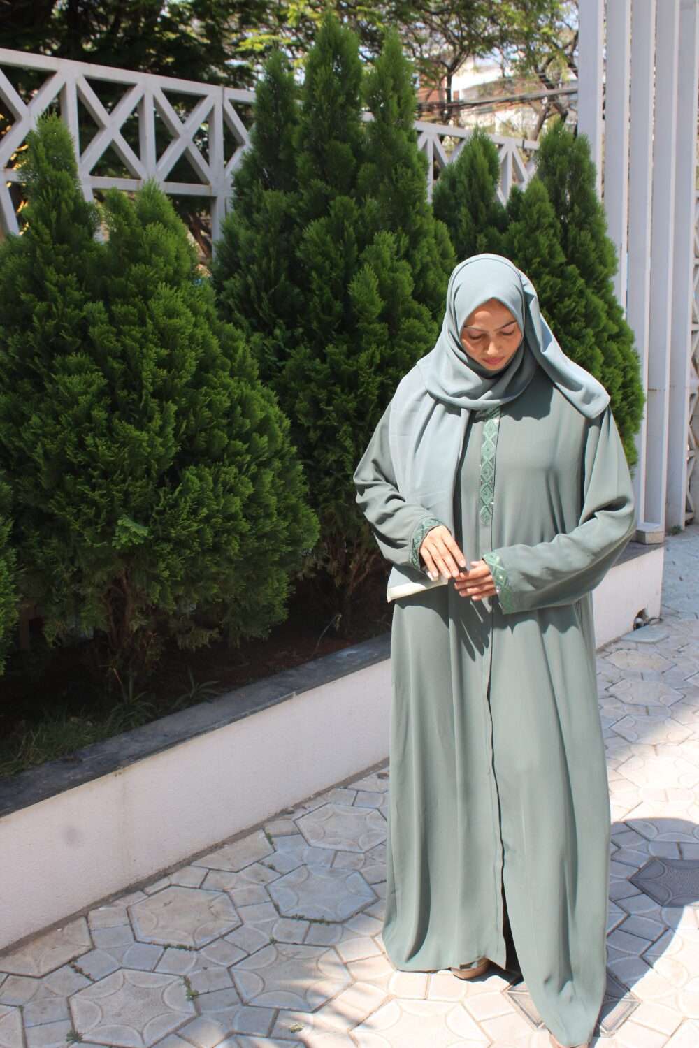 Green Turkish Abaya with Stone Work & Embroidery - Image 5