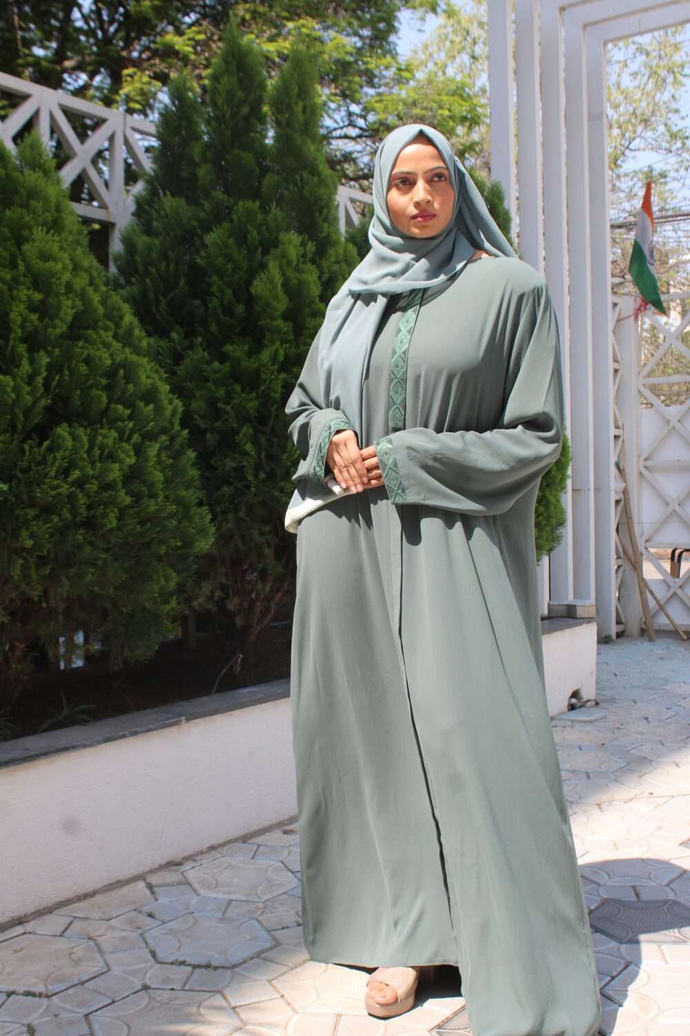 Green Turkish Abaya with Stone Work & Embroidery