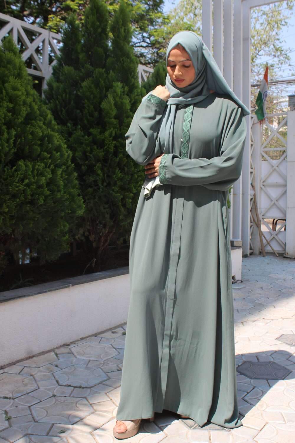 Green Turkish Abaya with Stone Work & Embroidery - Image 4