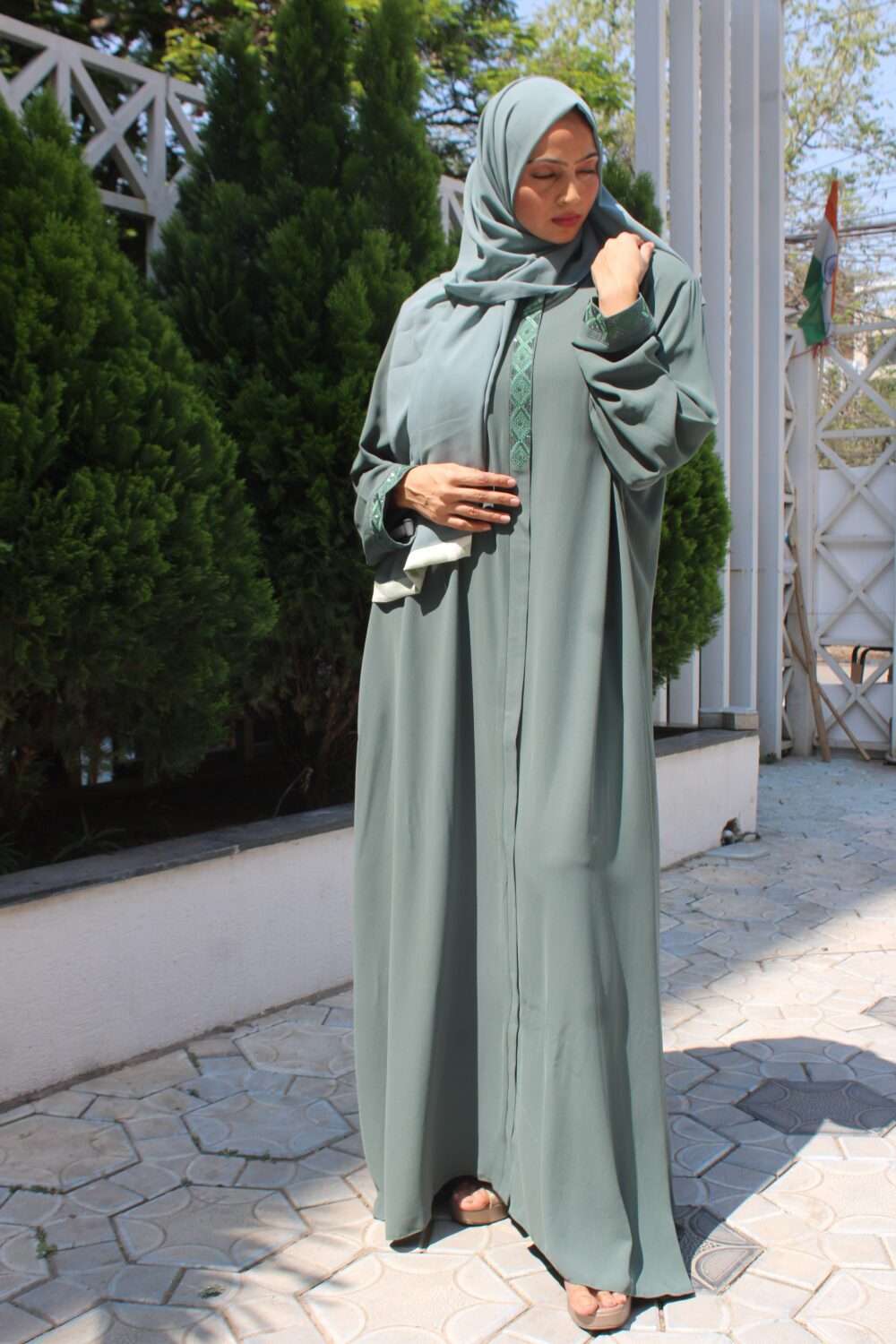 Green Turkish Abaya with Stone Work & Embroidery - Image 3
