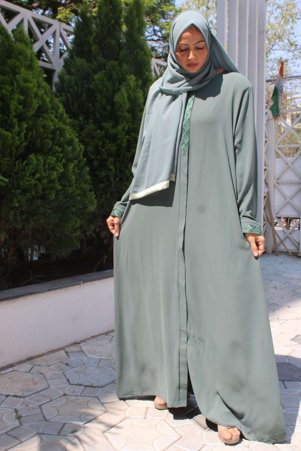 Green Turkish Abaya with Stone Work & Embroidery - Image 2