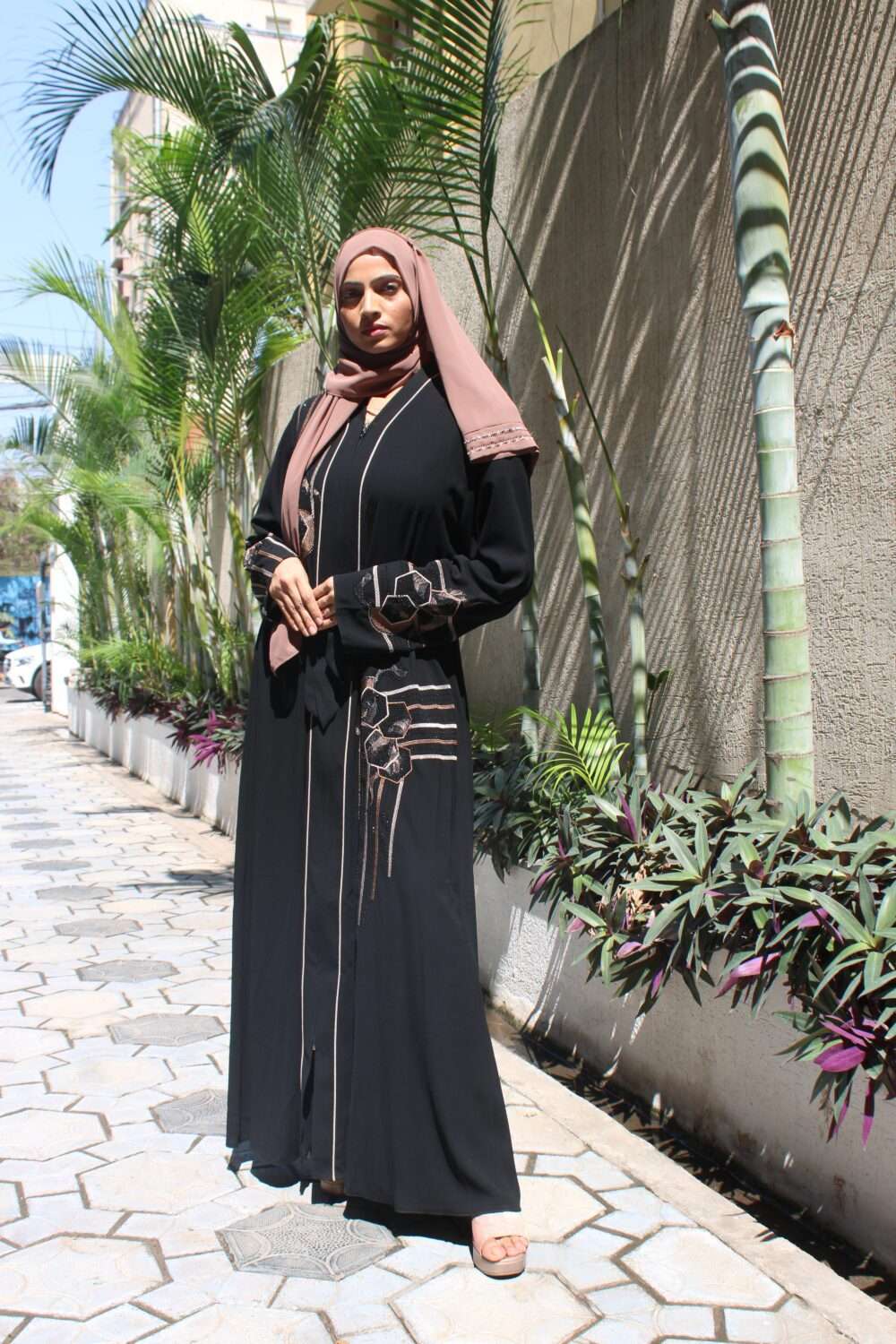 Black Abaya with Embroidery & Stone Work