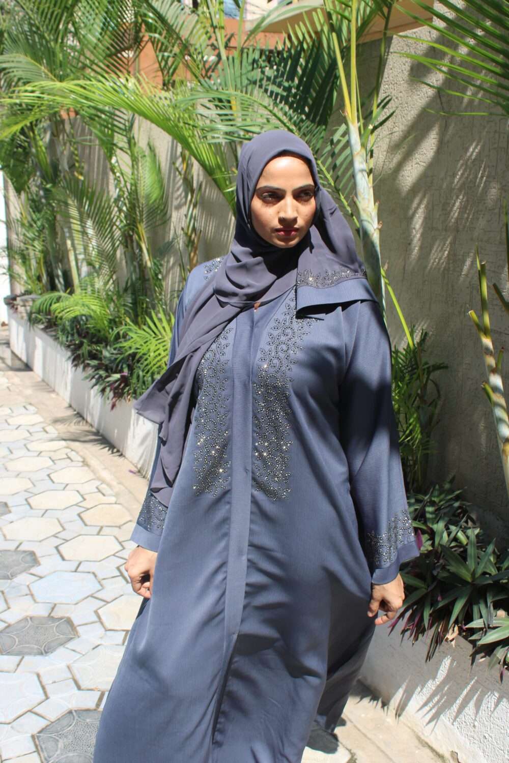 Dark Blue Abaya with Stone Work