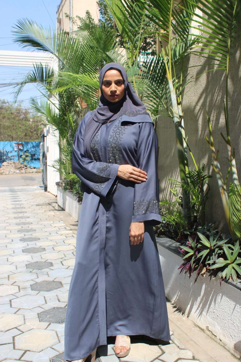 Dark Blue Abaya with Stone Work - Image 6
