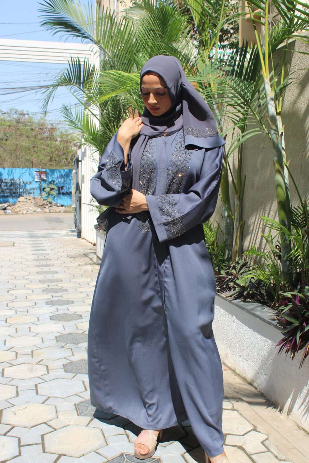 Dark Blue Abaya with Stone Work - Image 5