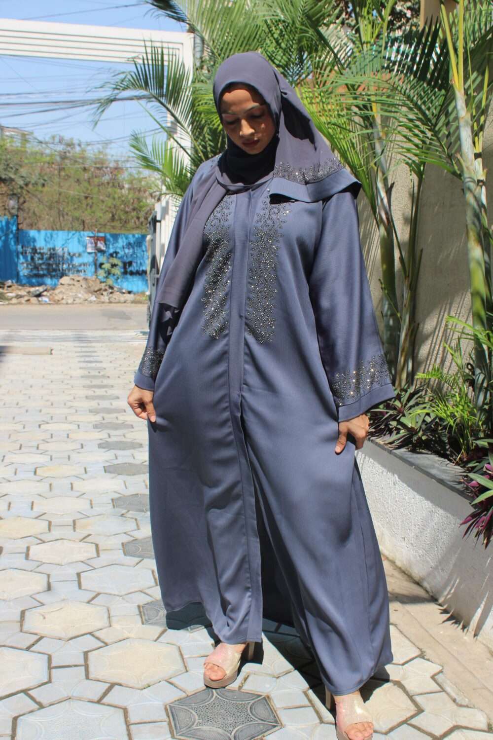 Dark Blue Abaya with Stone Work - Image 4
