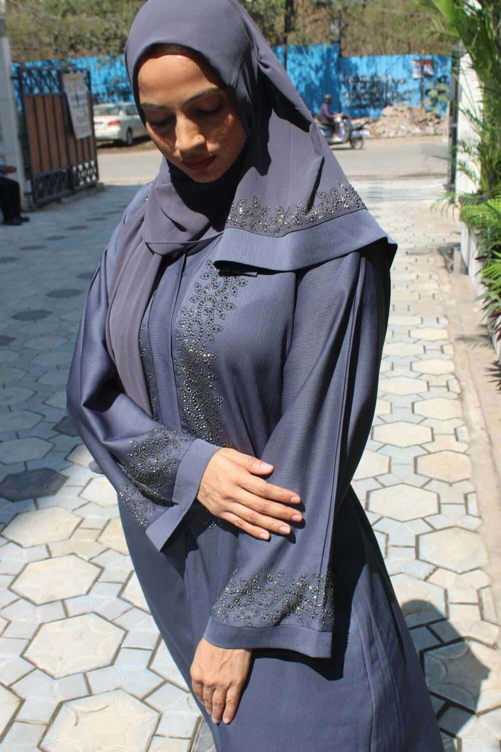 Dark Blue Abaya with Stone Work - Image 3