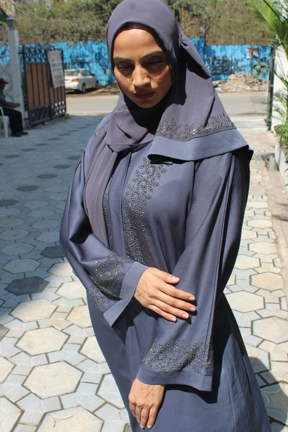 Dark Blue Abaya with Stone Work - Image 2