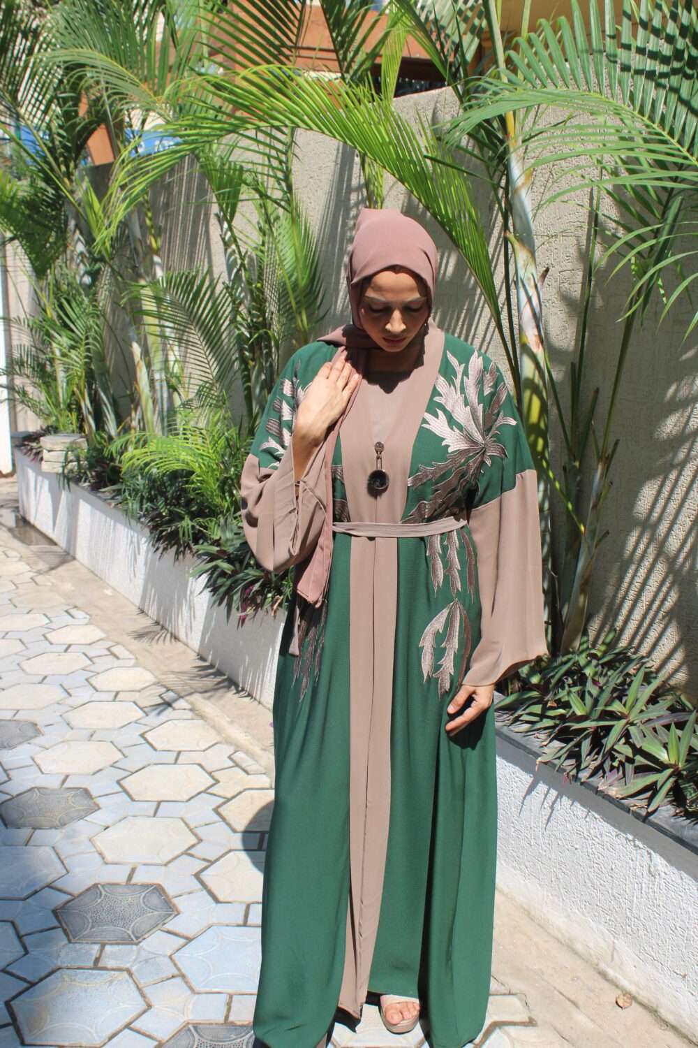 Dark Green Abaya with Embroidery - Image 7