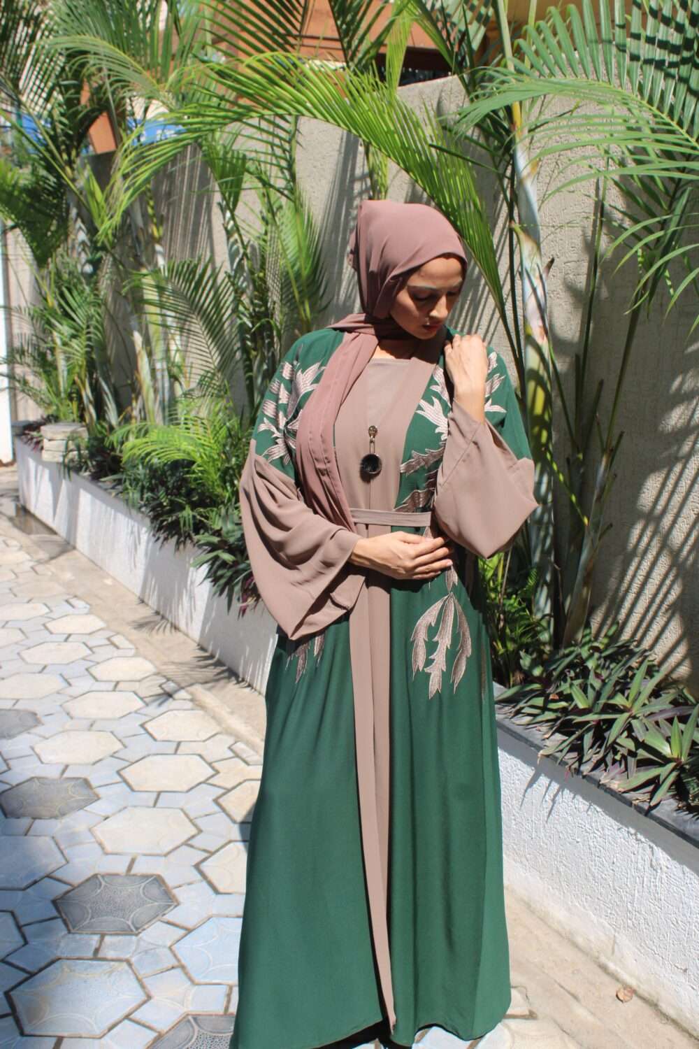 Dark Green Abaya with Embroidery - Image 6