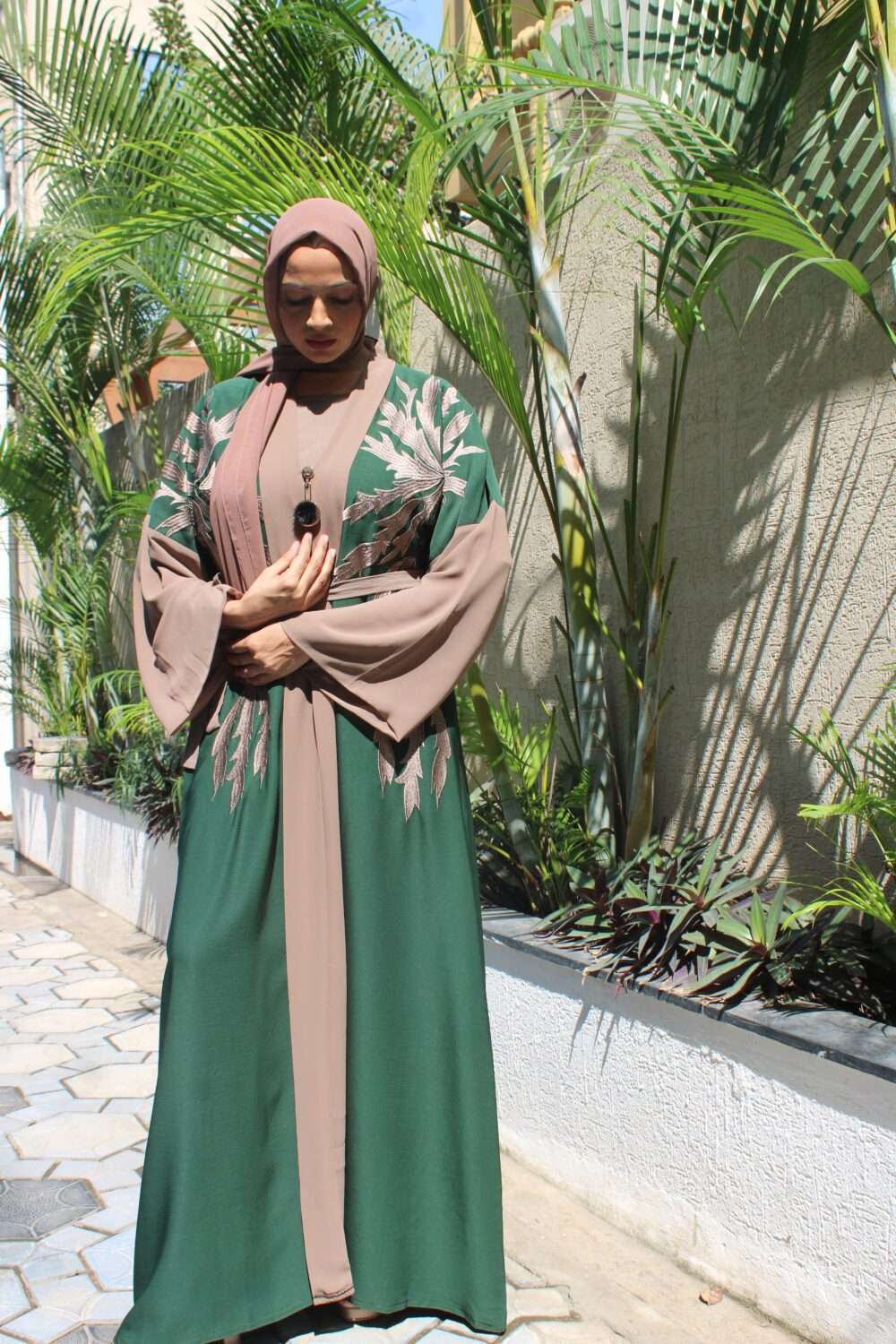 Dark Green Abaya with Embroidery - Image 5