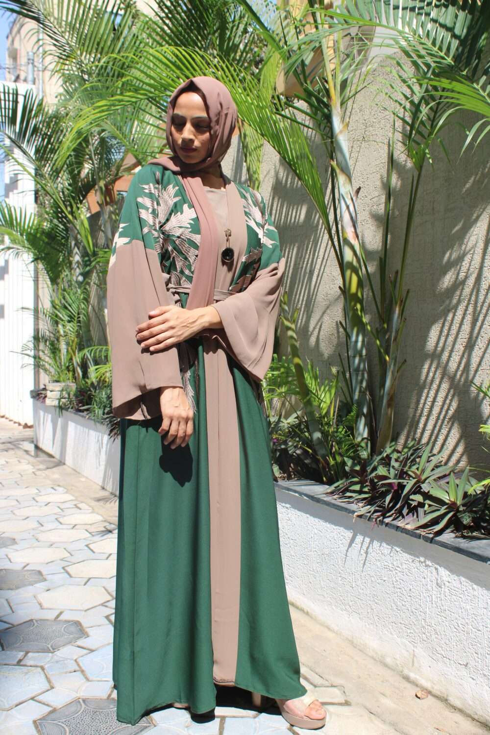 Dark Green Abaya with Embroidery - Image 4