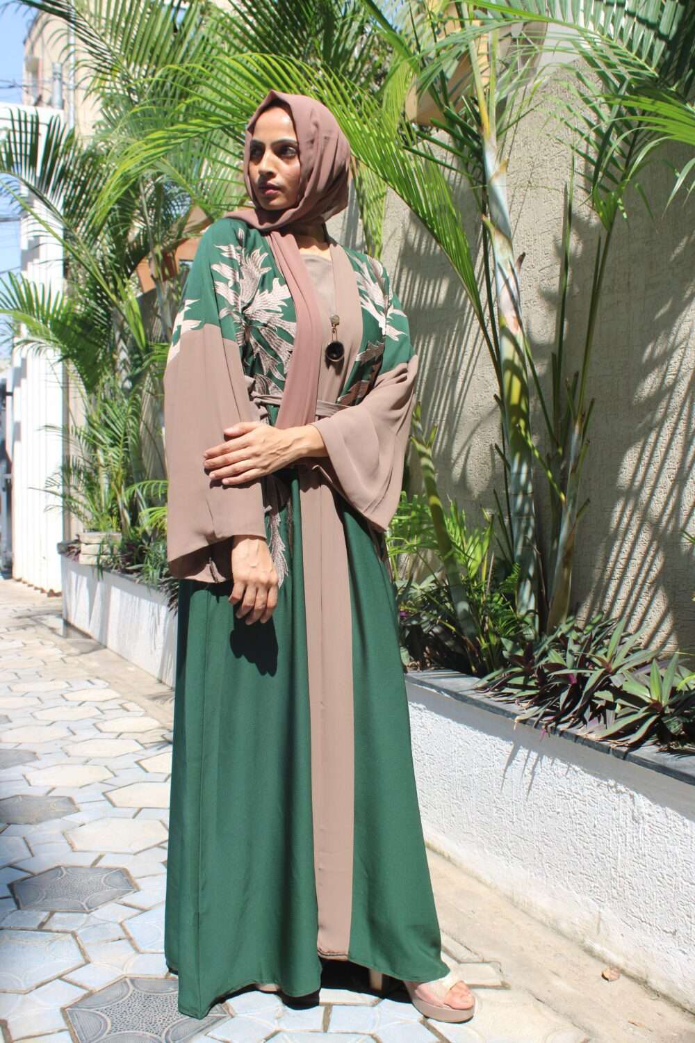 Dark Green Abaya with Embroidery - Image 3