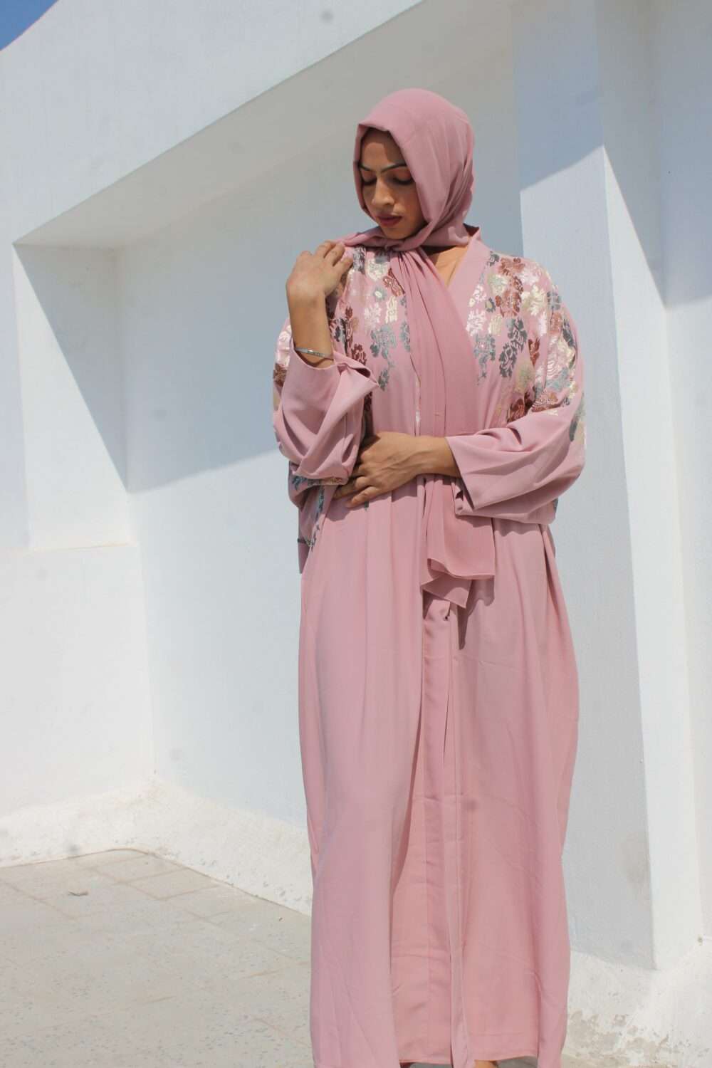 Pink Kaftan Abaya with Embroidery - Image 6