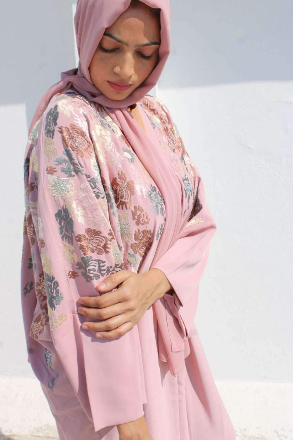 Pink Kaftan Abaya with Embroidery - Image 3