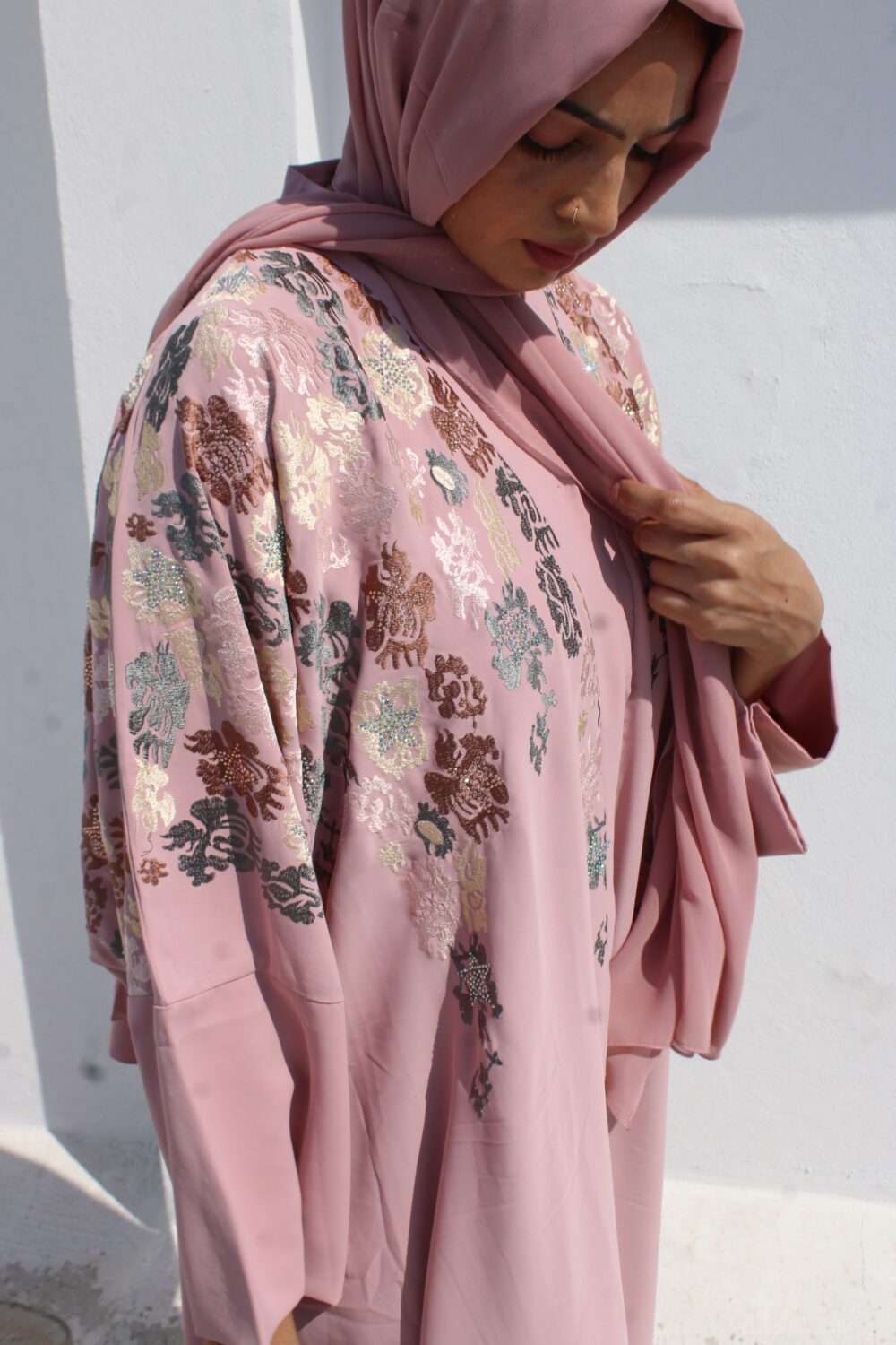 Pink Kaftan Abaya with Embroidery - Image 2