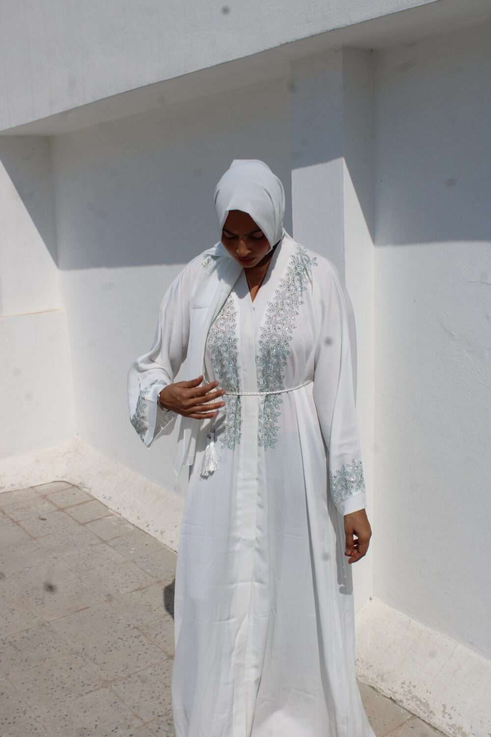 White Abaya with Heavy Stone Work - Image 9