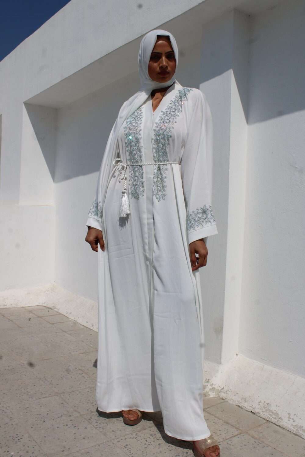 White Abaya with Heavy Stone Work