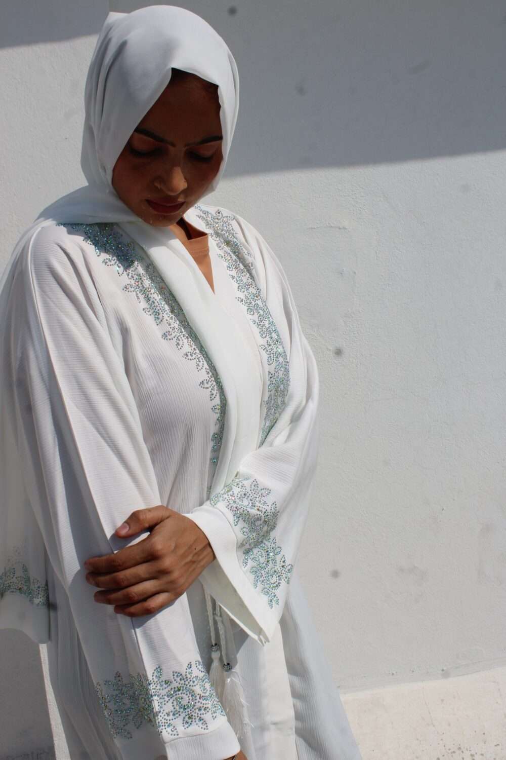 White Abaya with Heavy Stone Work - Image 3