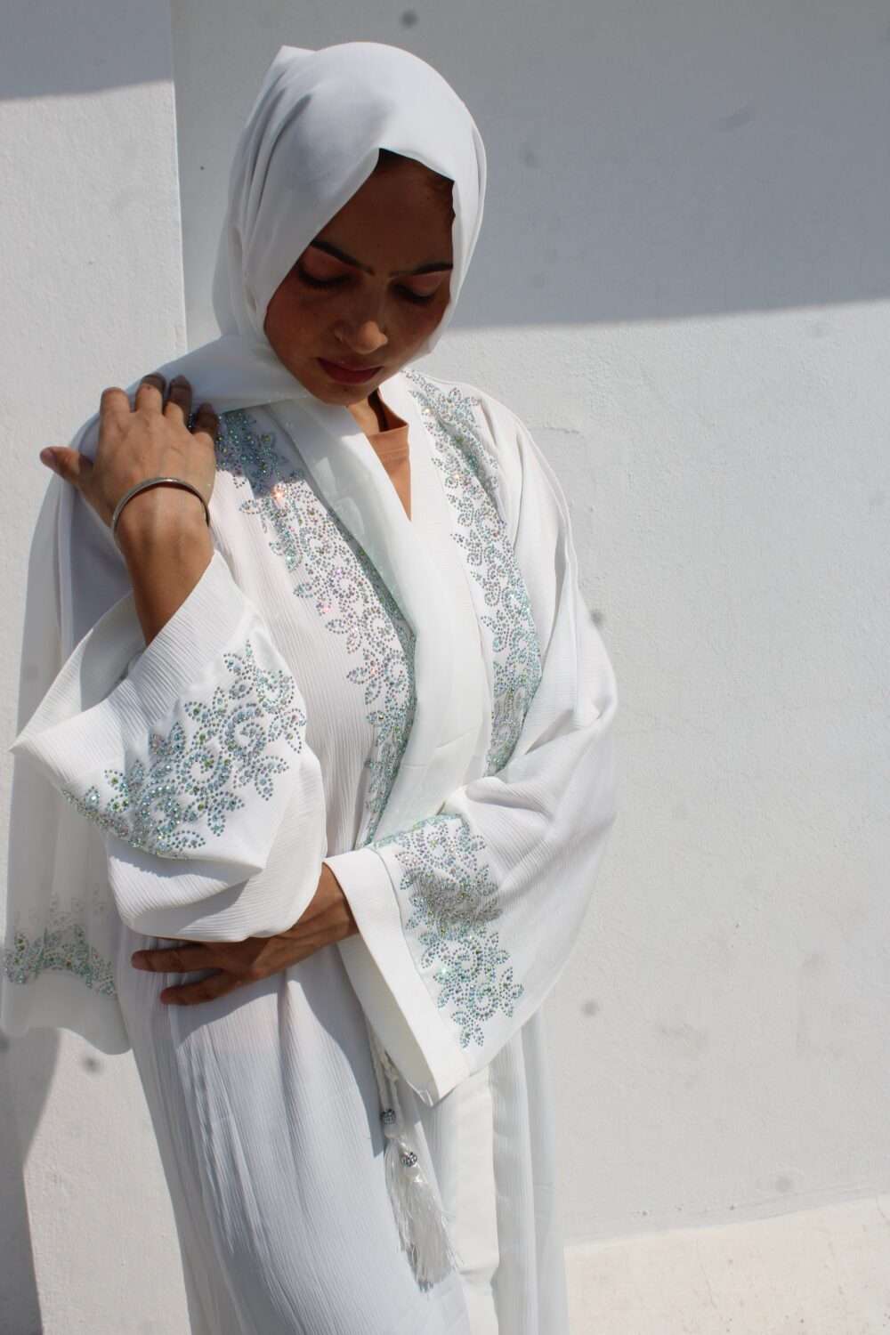 White Abaya with Heavy Stone Work - Image 2