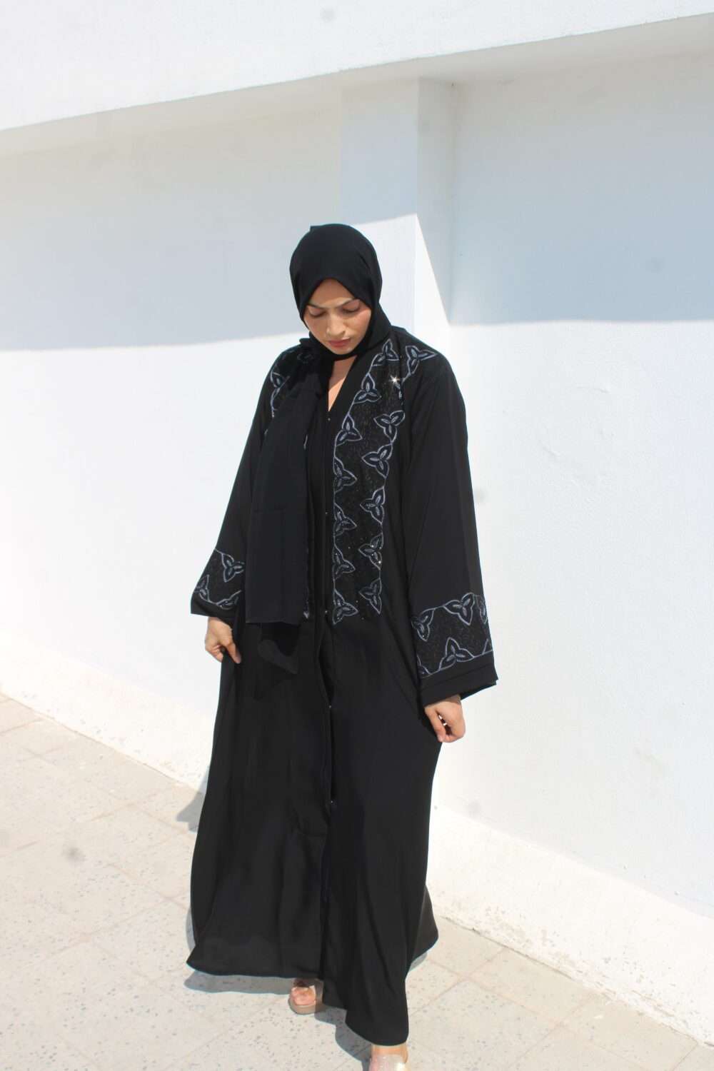 Black Abaya with Black Stone Work & Embroidery - Image 10