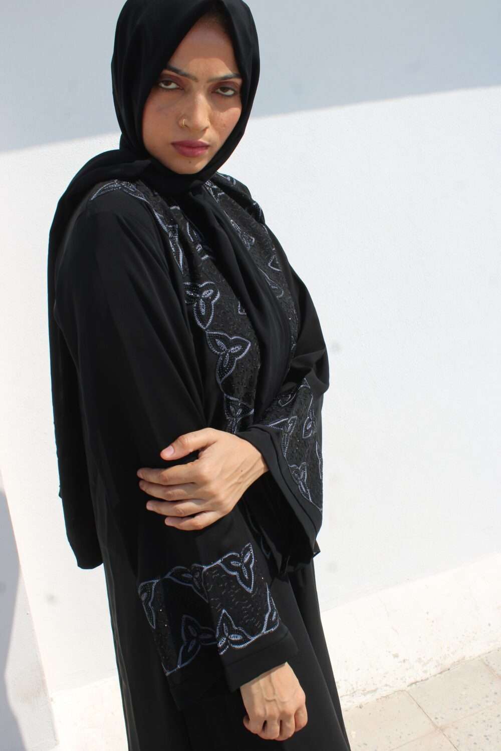 Black Abaya with Black Stone Work & Embroidery - Image 3