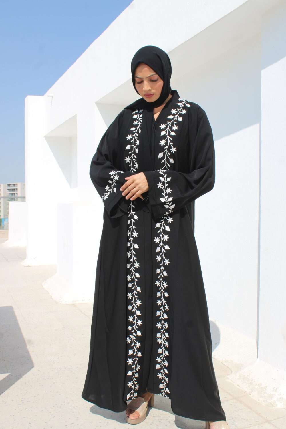 Black Abaya with White Embroidery