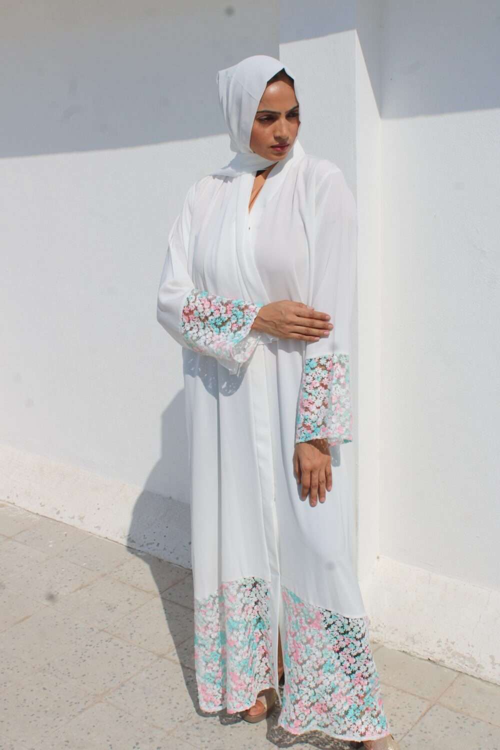 White Abaya with Embroidery on Sleeves