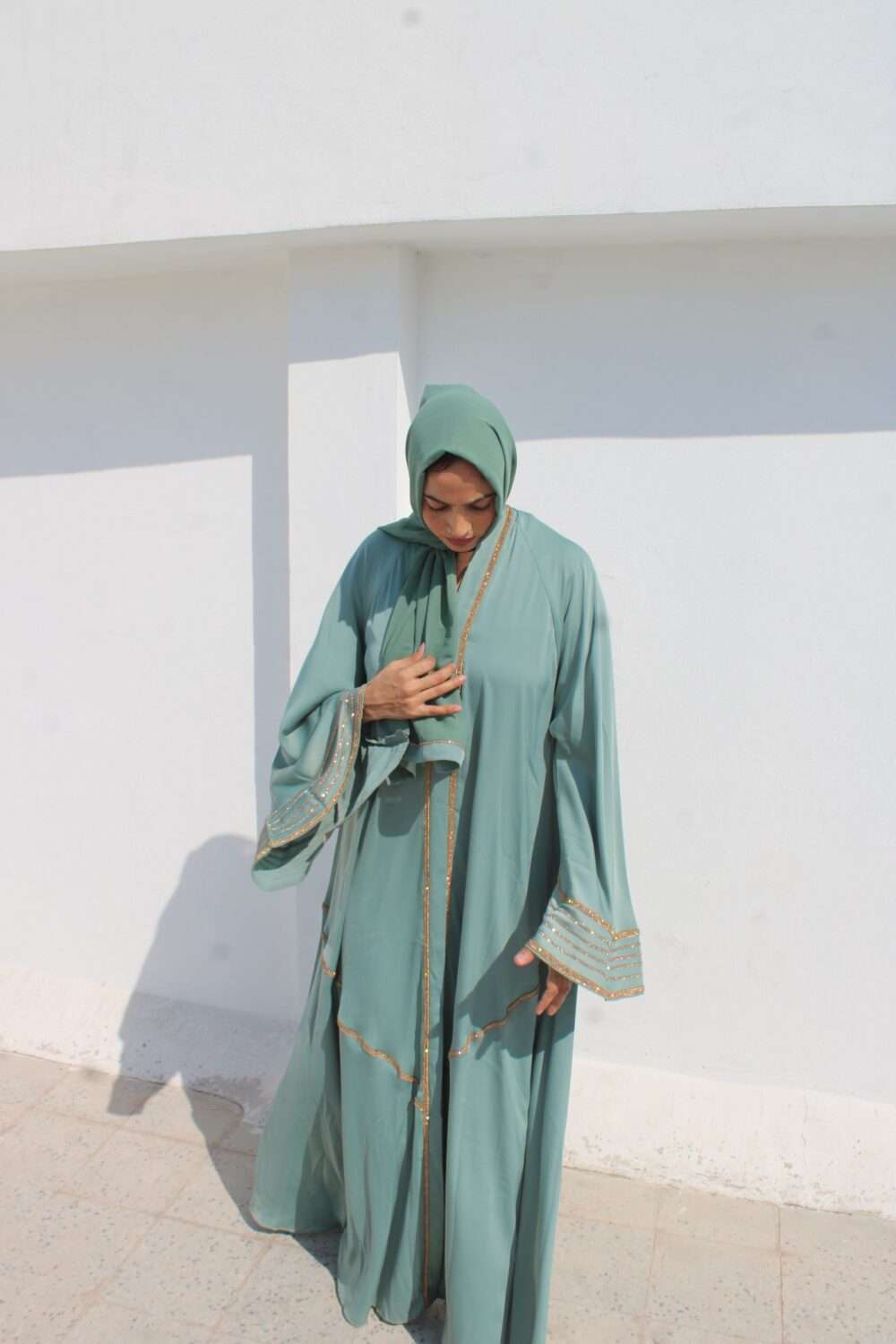 Green Abaya with Lace and Stone Work - Image 14
