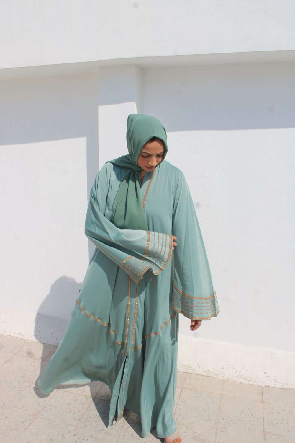Green Abaya with Lace and Stone Work - Image 13
