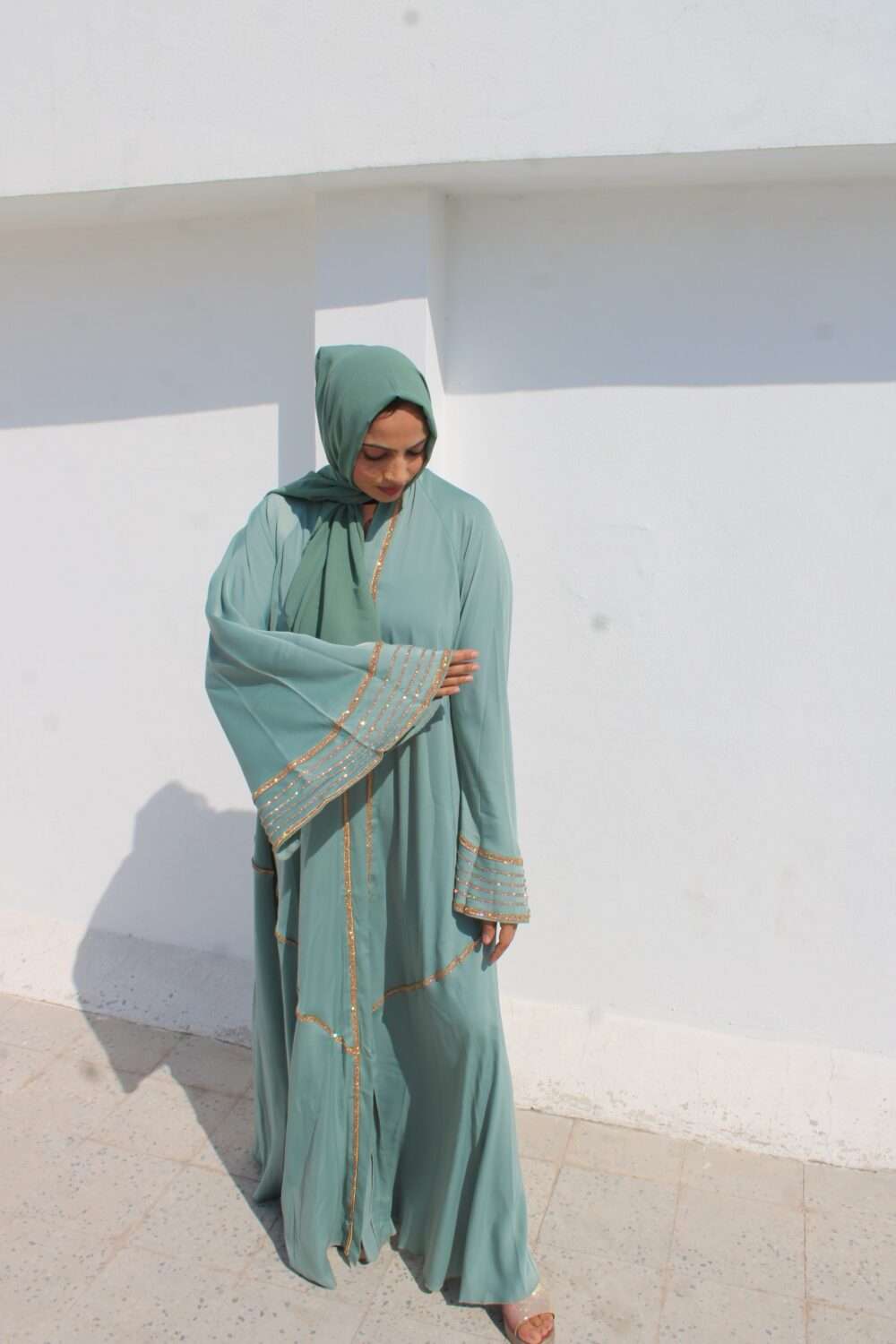 Green Abaya with Lace and Stone Work - Image 12