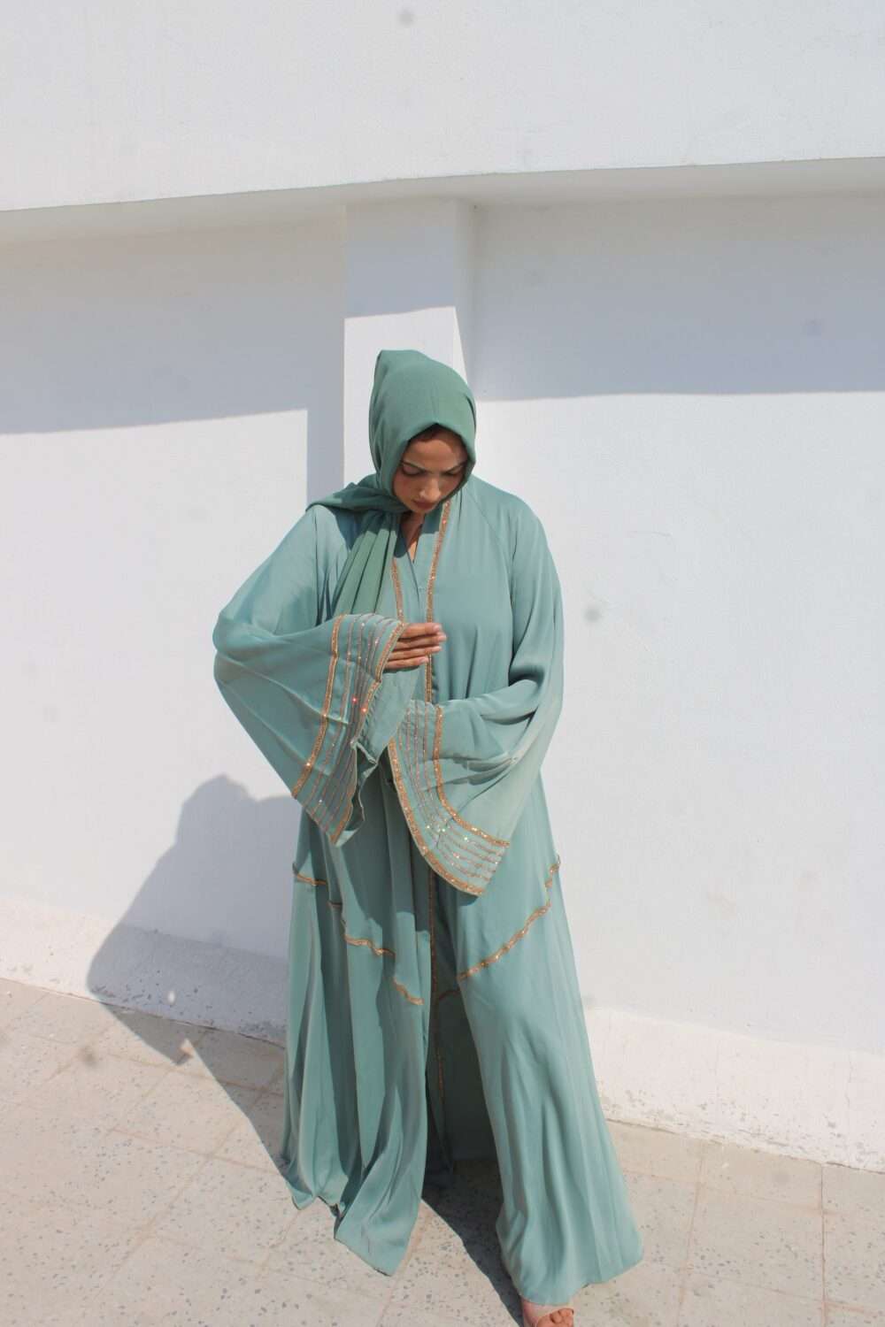 Green Abaya with Lace and Stone Work - Image 11