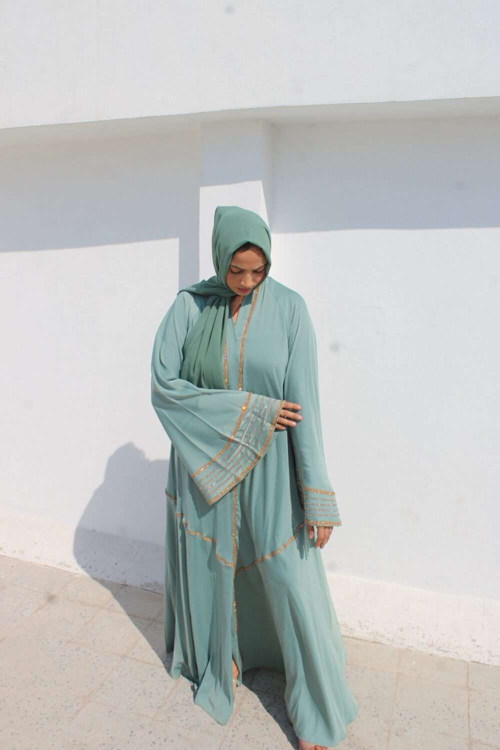 Green Abaya with Lace and Stone Work - Image 10